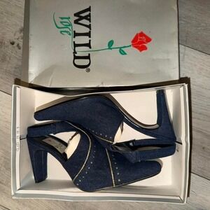 Wild Rose navy denim heels with gold studs, Size: US 9